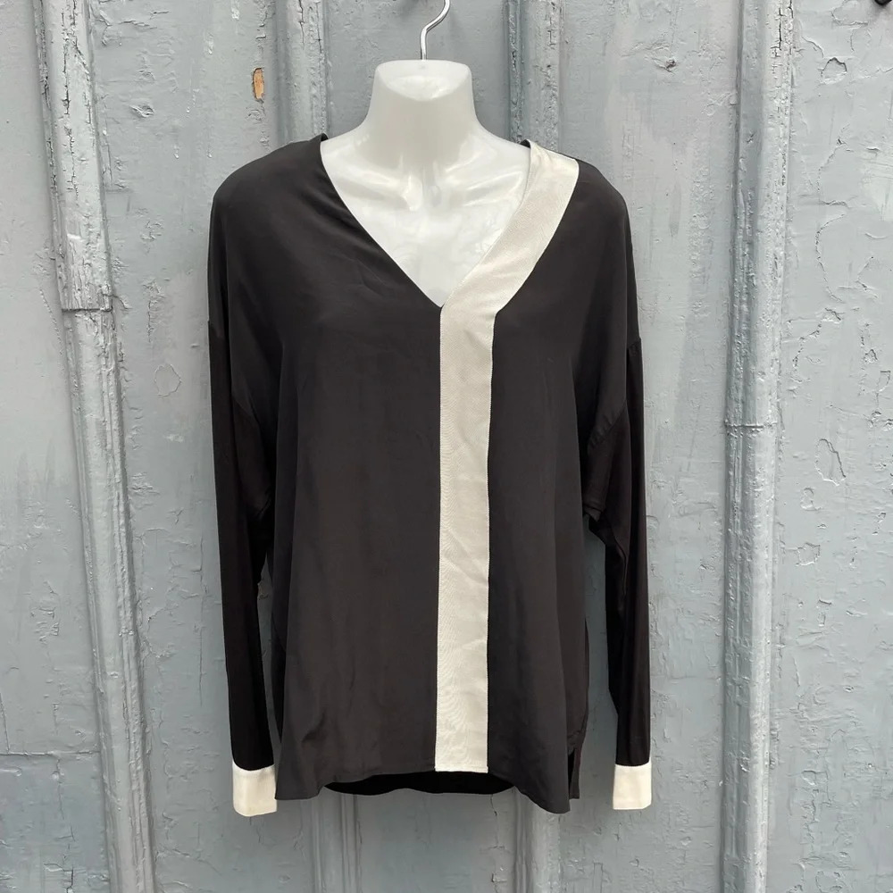 Pink Tartan Black Silk Grosgrain Accent Blouse, Size M